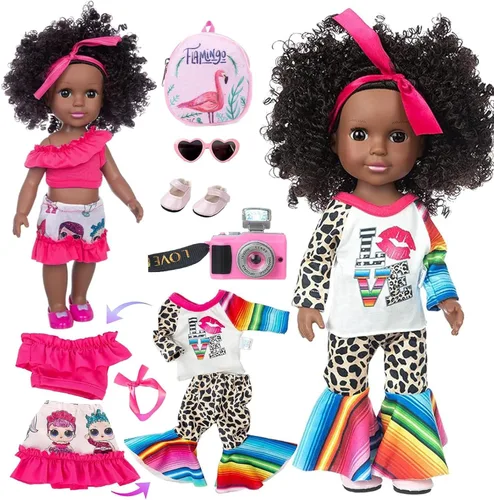 XFEYUE Muñeca negra de 14.5 pulgadas y 2 juegos de accesorios de ropa, muñeca afroamericana para bebé, incluye gafas, cámara, bolsa y zapatos para