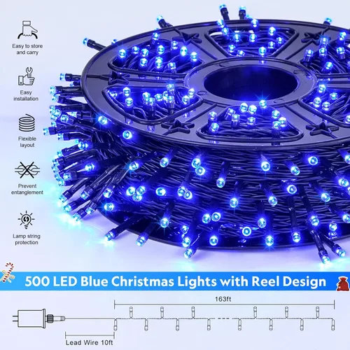 Miniatura 8 de JMEXSUSS 500 luces LED azules de Navidad al aire libre, 173 pies, 8 modos, tira de luces de Navidad, impermeable, luz LED azul para árbol enchufable