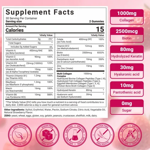 Miniatura 2 de Gomitas de colágeno para mujer, sin azúcar, hidrolizadas con péptidos de colágeno tipo I, II, III, V, X, biotina, ácido hialurónico