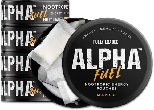 Bolsas Nootrópicas Alpha Fuel Completamente Cargadas (Mango Fuel) - 5 latas, 15 bolsas por lata - Bolsas de energía que contienen cafeína y Mezcla