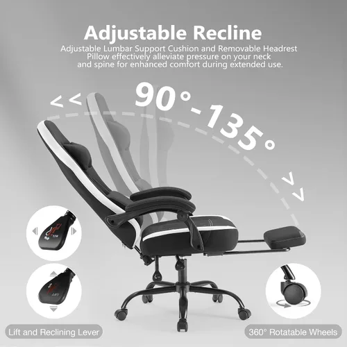 Miniatura 4 de NEWBULIG Silla de escritorio para videojuegos, silla de oficina de respaldo alto con reposapiés y reposacabezas, cómodo soporte lumbar ergonómico