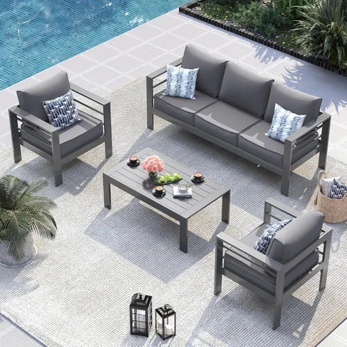Miniatura 2 de UDPATIO Juego de muebles de aluminio para patio, juego de 4 piezas para conversación al aire libre con fundas impermeables, sofá modular moderno