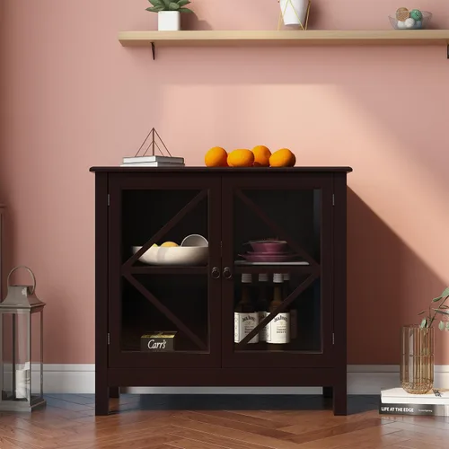 Miniatura 7 de Mesa de bufé de cocina elegante para el hogar, aparador, mesa de consola con 2 puertas de vidrio y estante de almacenamiento, armario de entrada