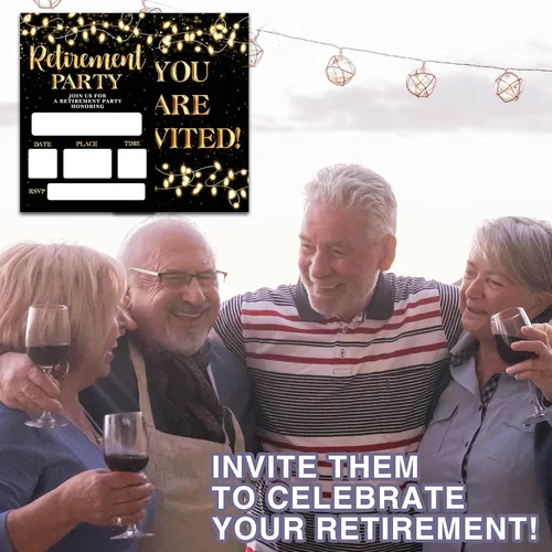 Miniatura 5 de Invitaciones para fiestas de jubilación, tarjetas de invitación de jubilación negras y doradas para hombres, mujeres, enfermeras, profesores