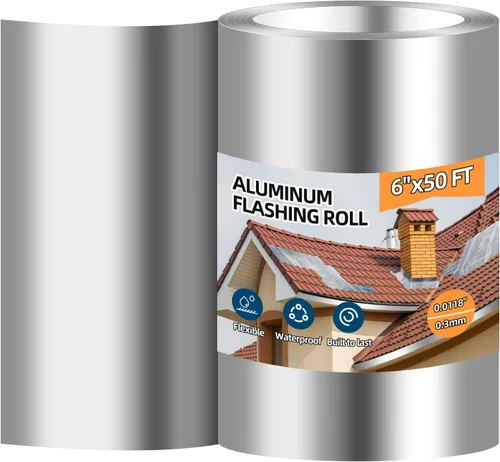 Rollo de Sellado de Aluminio, 6'' x 50' Rollo de Metal para Techos y Jardín, Previene Manchas en Techos, Grosor de 0.019 pulgadas/0.3 mm (26GA) Tira