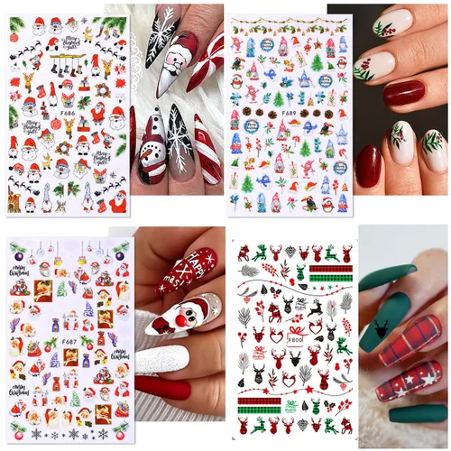 Miniatura 6 de 8 hojas de calcomanías de uñas de Navidad 3D, calcomanías de uñas de Navidad de invierno, dibujos animados, alce, copo de nieve, Papá Noel, muñeco