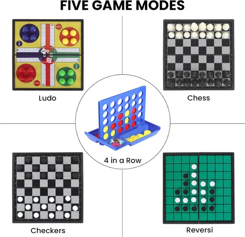 Miniatura 4 de Juego de mini juegos de viaje 5 en 1 con 4 tableros de ajedrez plegables y 5 juegos de piezas de ajedrez, damas magnéticas, ajedrez, ludo, reversi