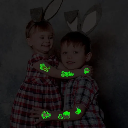 Miniatura 5 de PARTYWIND Tatuajes temporales esenciales para canasta de Pascua brillantes para niños, 100 estilos de calcomanías de tatuaje falsas luminosas