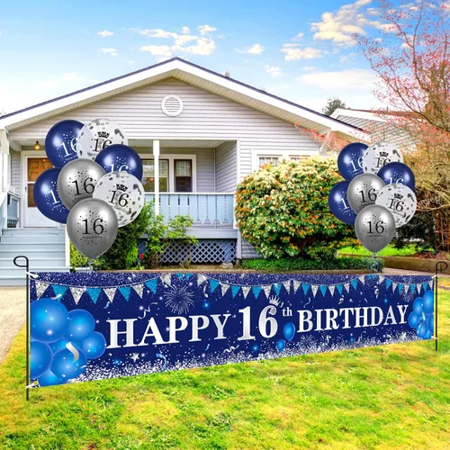 Miniatura 2 de Decoraciones azules de cumpleaños número 16 para niños y niñas - Pancarta feliz azul marino plateado y globos para suministros de fiesta