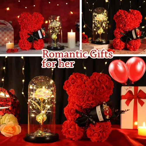 Miniatura 4 de Regalos de rosas para el Día de la Madre para mamá, mujer, esposa, novia, oso de rosas y bella y la bestia, inspirado en el arco iris, juego de Rojo