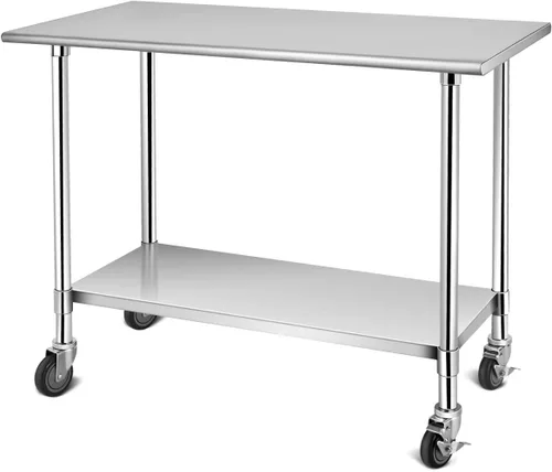 Giantex Mesa de trabajo de acero inoxidable de 48 x 30 pulgadas con 4 ruedas giratorias, mesa de preparación resistente con estante inferior
