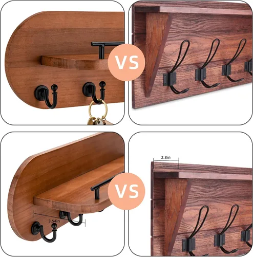 Miniatura 5 de SANY DAYO HOME Soporte para Llaves de Pared de Madera Marrón con Perchero de Entrada con 5 Ganchos Dorados, Barandilla de Estante de Metal