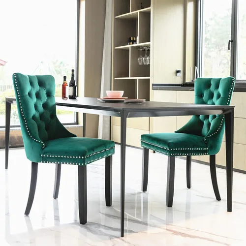 Miniatura 32 de Juego de 2 sillas de comedor de terciopelo, sillas decorativas tapizadas con botón acolchonado, ribete de cabeza de clavo y tirador de anillo Naranja