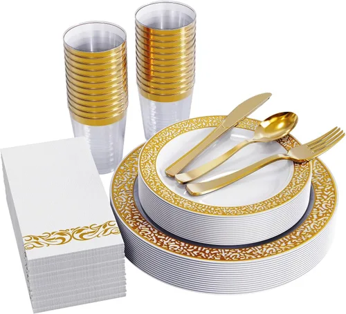 FOCUSLINE Juego de vajilla dorada de 175 piezas para 25 invitados, platos de plástico con diseño de borde de encaje dorado, incluye 25 platos