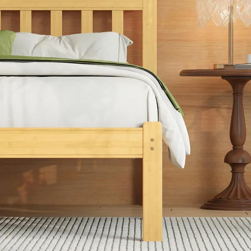 Miniatura 3 de Askeld Base de cama individual de madera con cabecero, plataforma de bambú sólido de 14 pulgadas de alto, no necesita somier, marco de cama