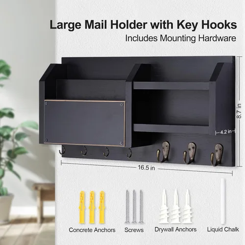 Miniatura 6 de Lwenki Soporte para llaves y correos – Colgador de pared para llaves con estante y 7 ganchos de metal – Organizador decorativo de entrada de madera