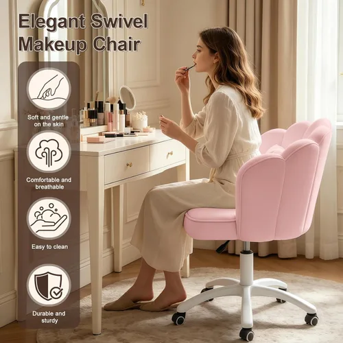 Miniatura 3 de Petal - Silla de escritorio con cojín de lazo, silla de tocador de terciopelo con ruedas, silla tapizada de oficina en casa para niñas y mujeres