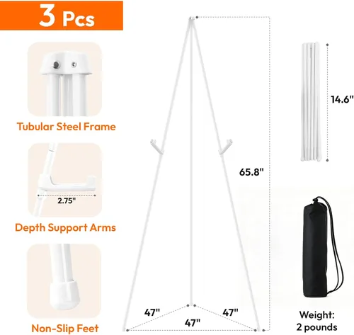 Miniatura 2 de JEAWIWI Soporte de caballete blanco de 3 piezas para letrero de boda, 66 pulgadas, ligero, ajustable, soporte de cartel de arte para exhibir letrero