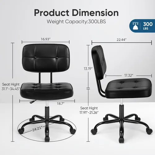 Miniatura 2 de DUMOS Silla de escritorio de oficina en casa, silla ergonómica de piel sintética sin brazos, con cómodo soporte lumbar y altura ajustable, tocador