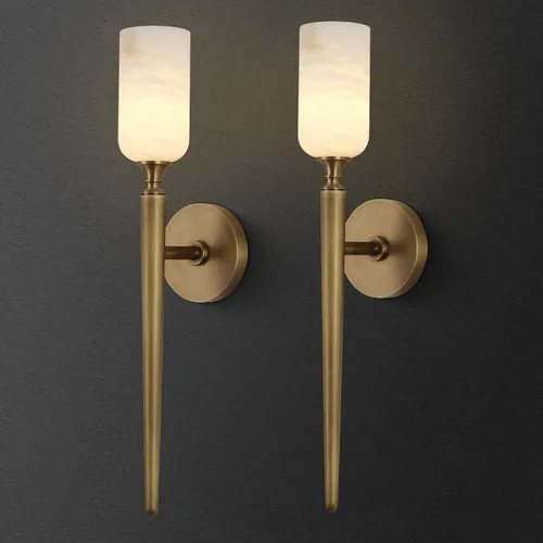 Miniatura 10 de Apliques de pared de alabastro español natural de 12 pulgadas, modernas luces doradas de latón para espejo de baño, lámpara de pared E12 con Latón