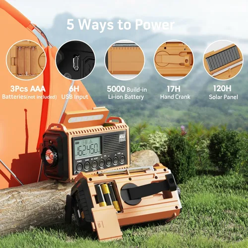 Miniatura 4 de Radio de emergencia, radio meteorológica digital 5000 con AM/FM/NOAA/SW, radio portátil de supervivencia SOS, radio de manivela solar alimentada por