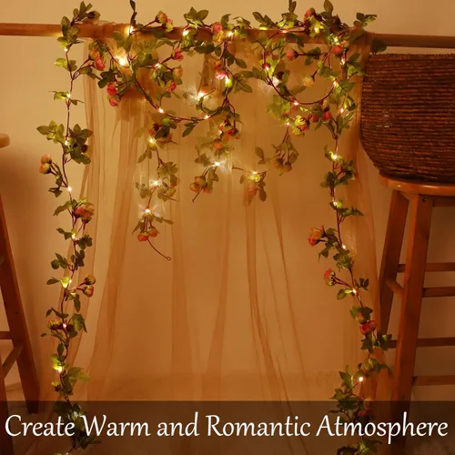 Miniatura 8 de Fielegen Guirnalda de 20 luces LED de flores artificiales de 7.2 pies con pilas, guirnalda de flores artificiales con luces de vid de rosas