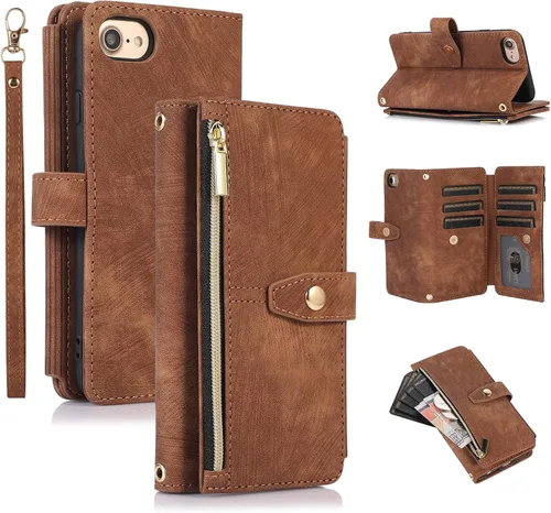 Miniatura 15 de UEEBAI Funda tipo cartera para iPhone SE 2022 5G/iPhone 7/iPhone 8/iPhone SE 2020, retro con 9 ranuras para tarjetas, bolsillo con cremallera, funda