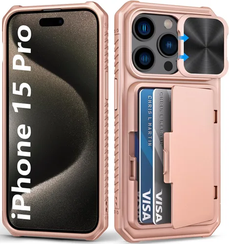 Miniatura 40 de BXYJY Funda tipo cartera para iPhone 15 Pro con tarjetero (4-5 tarjetas) y cubierta deslizante para cámara y soporte, protección contra caídas