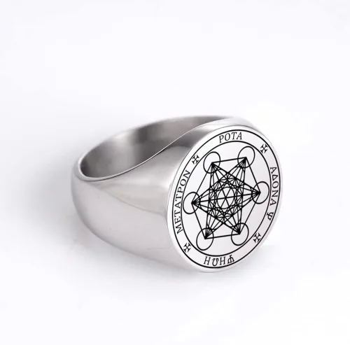 Miniatura 5 de Amaxer Metatron - Anillo de cubo para hombre, de acero inoxidable, vintage, con geometría sagrada, protección espiritual, anillo de amuleto
