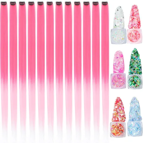 Miniatura 24 de Extensiones de cabello de colores, extensión de cabello liso con clip de 22 pulgadas, extensiones de cabello con brillantina multicolor arcoíris