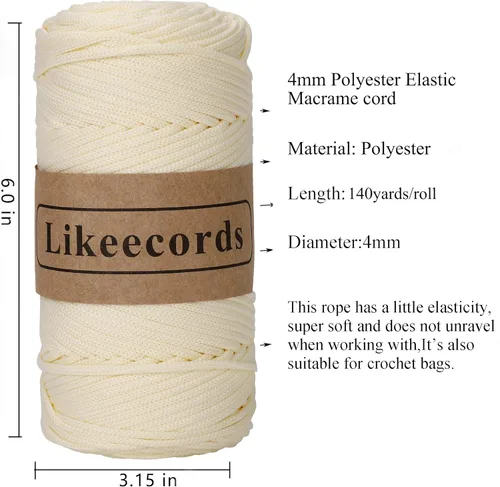 Miniatura 2 de Likeecords Cordón de macramé de poliéster trenzado de 4 mm, 140 yardas / 426 pies, hilo elástico para crochet, bolsa de cordón para manualidades