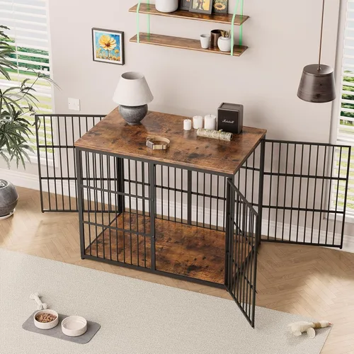 Miniatura 3 de Mueble de jaula para perros XXL de 48" con 3 puertas, jaula de madera combinada para mascotas, perrera resistente de interior para perros medianos a