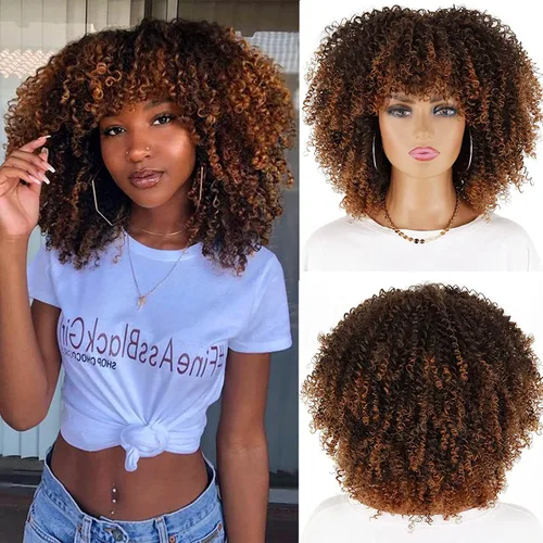 Miniatura 8 de Pelucas rizadas negras para mujeres negras, peluca afro corta negra rizada con flequillo, pelucas sintéticas resistentes al calor, pelucas negras