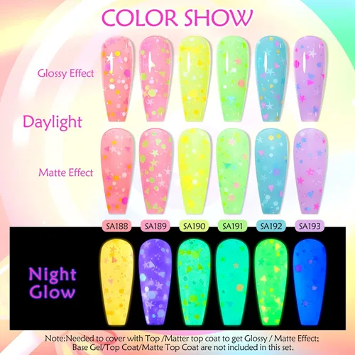 Miniatura 8 de MEET ACROSS Juego de esmaltes de uñas de gel luminosos de caramelo de 6 colores, esmalte de uñas de gel que brilla en la oscuridad con cepillo