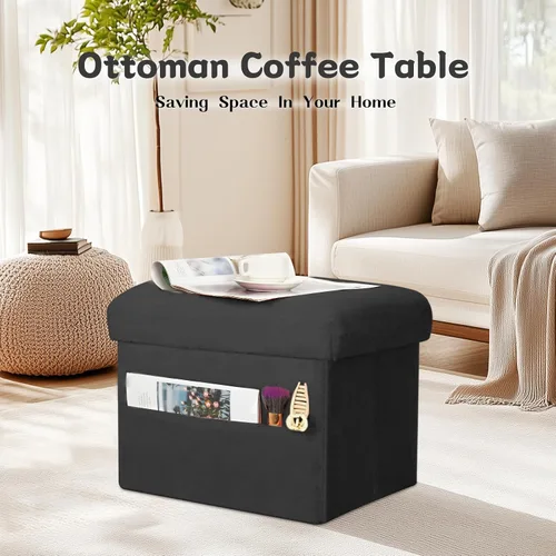 Miniatura 3 de Otomana pequeña con almacenamiento, taburete plegable con asiento acolchado más grueso, banco otomano de almacenamiento de piel suave para Negro