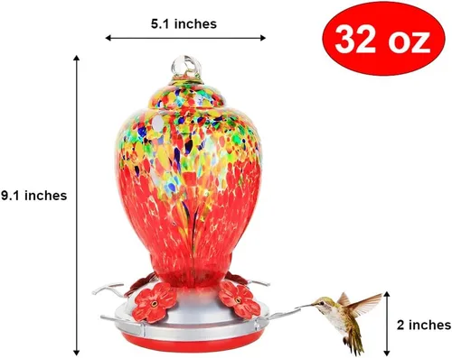 Miniatura 7 de WOSIBO Comedero para colibríes para exteriores, patio, grande, 32 onzas, comedero para colibríes de vidrio soplado a mano colorido con foso
