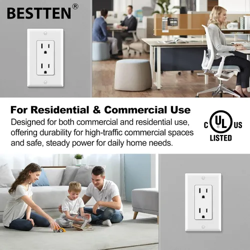 Miniatura 4 de BESTTEN Paquete de 20 tomas de corriente decoradora de pared de 15 amperios, no resistente a manipulaciones, placa de pared incluida