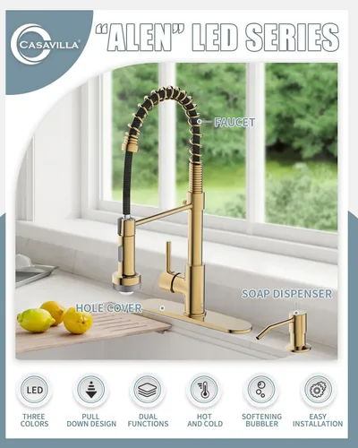 Miniatura 2 de Grifo de cocina LED, grifo de cocina de oro cepillado con dispensador de jabón y placa de cubierta, grifo para fregadero de cocina de casa rodante C