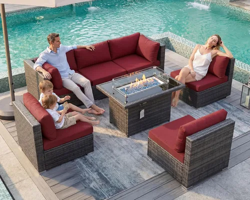 Miniatura 50 de BULEXYARD Juego de 7 piezas de sofá seccional para exteriores con respaldo alto, mesa para fogatas, juego de muebles de patio de mimbre resistente a