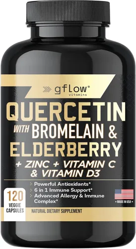 gflow vitamins Quercetina con bromelina zinc vitamina C vitamina D saúco - 120 cápsulas vegetarianas, sin OMG, sin gluten, suplemento de apoyo