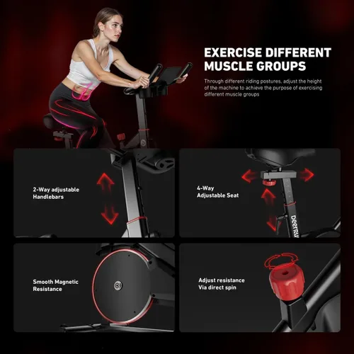 Miniatura 3 de Bicicleta fija de ejercicio DeerRun, bicicleta de ciclismo interior con freno de pastilla/magnética ajustable, bicicleta estacionaria