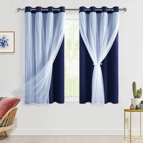 Miniatura 72 de Hiasan Cortinas opacas con superposición transparente, aislamiento térmico para mezclar y combinar de doble capa, cortinas de oscurecimiento de Beige