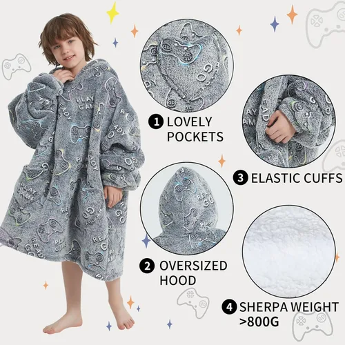 Miniatura 2 de Fiosnow Manta con capucha que brilla en la oscuridad con capucha para niños de 6 a 13 años, manta de gran tamaño para niños, niñas y adolescentes