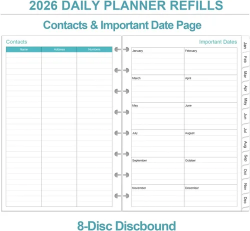 Miniatura 5 de Recambios de agenda 2026 – Agenda diaria y mensual de 8 discos con sistema de discos, una página por día, funciona desde enero de 2026 hasta