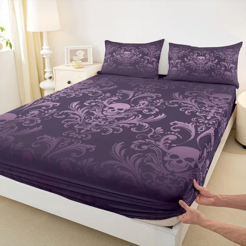 Miniatura 6 de Sábanas de cama de damasco violeta salmón para adultos, sábana bajera ajustable barroca victoriana antigua, sábanas florales góticas vintage, juego