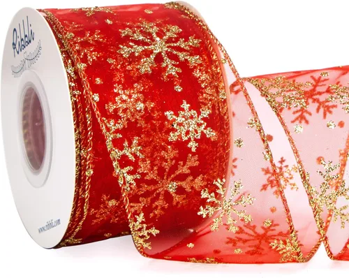 Miniatura 13 de Ribbli Cinta con alambre de purpurina de copo de nieve, organza dorada transparente con patrón de copo de nieve con purpurina dorada y borde