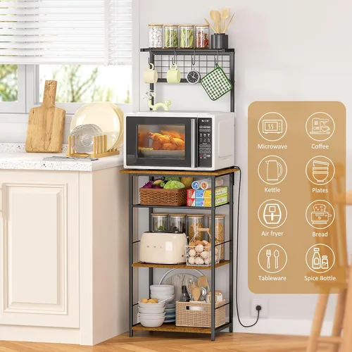 Miniatura 5 de Estación de café de 5 niveles, soporte de cocina con 4 ganchos en forma de S, gabinete de barra de café de esquina estilo granja para espacios