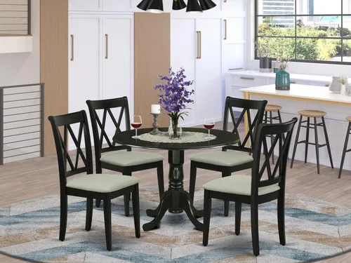 Miniatura 2 de East West Furniture DLCL5-BLK-C - Juego de mesa de comedor de 5 piezas, incluye una mesa de comedor redonda con gotas y 4 sillas tapizadas de tela