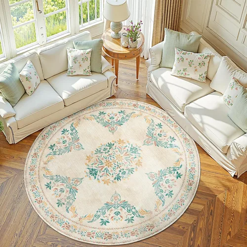 Miniatura 37 de Jinchan Fiora - Alfombra redonda de 8 pies, alfombras vintage con diseño floral envejecido, lavable a máquina, antideslizante, de pelo bajo, Azul
