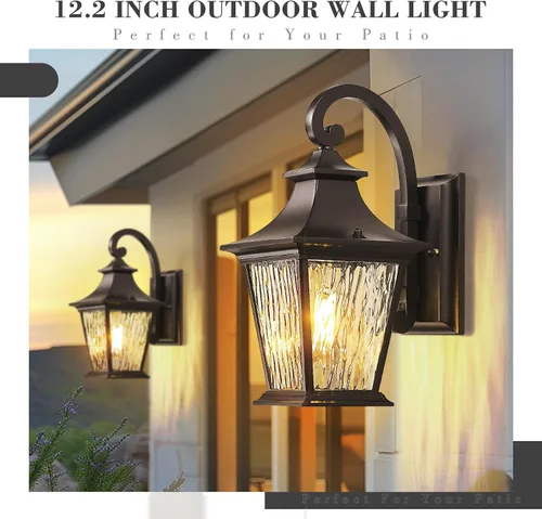 Miniatura 4 de Emliviar Lámpara de Pared de 12.2 Pulgadas con Vidrio de Ondas de Agua, 1 Luz de Patio Exterior para Casa, Aluminio Fundido a Presión en Acabado